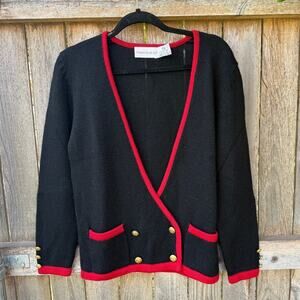 VTG Robert Scott Ltd 100% wool SWEATER cardigan v-neck black red trim 90s
